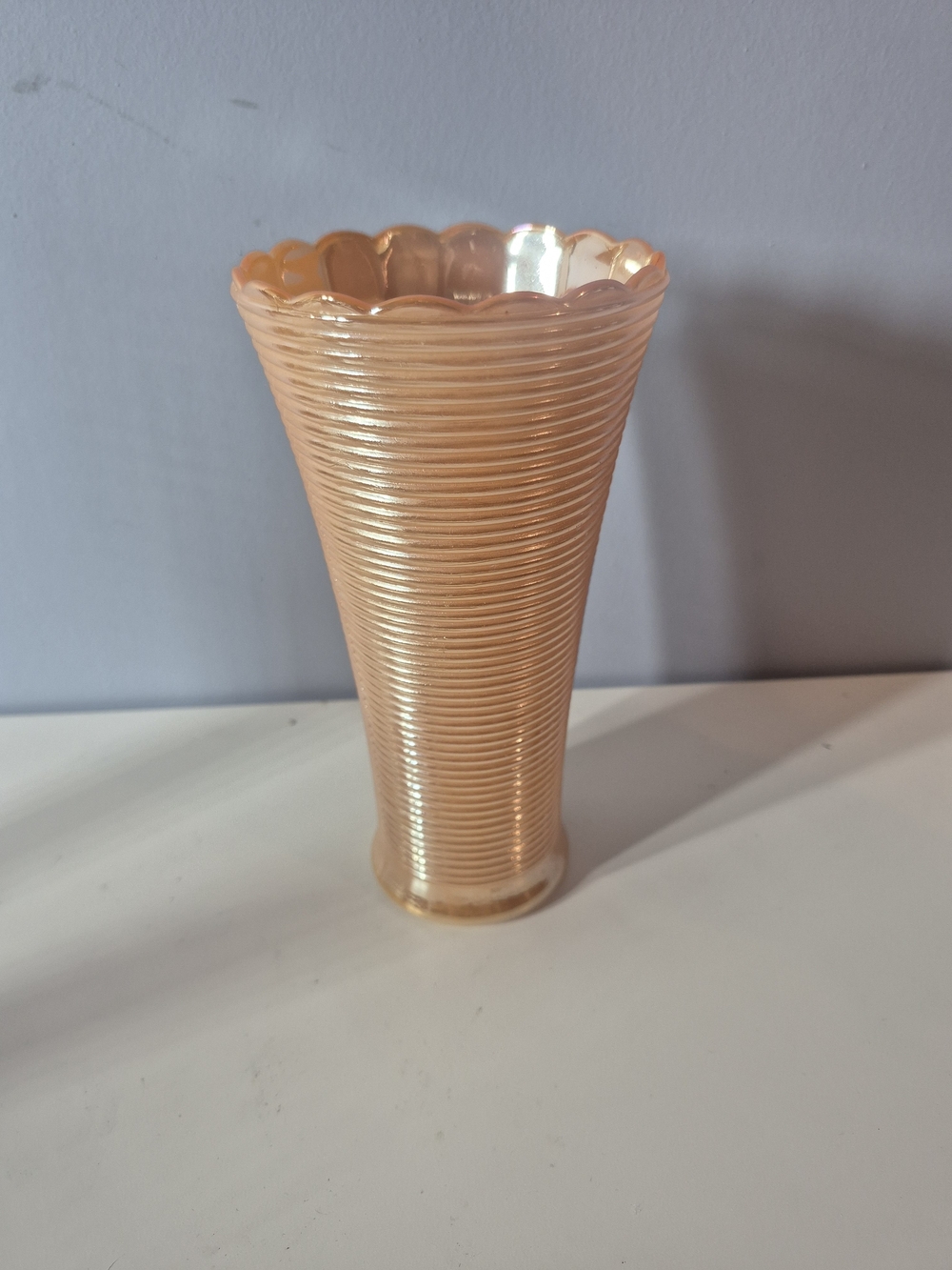 Vintage Fire-King Peach Lustre Ribbed Vase Scalloped Edge Mid-Century Glass